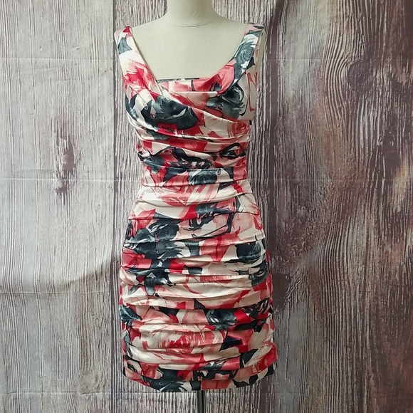 Express Dresses & Skirts - Express Satin Floral Ruched Midi Sheath Dress in Pink Watercolor